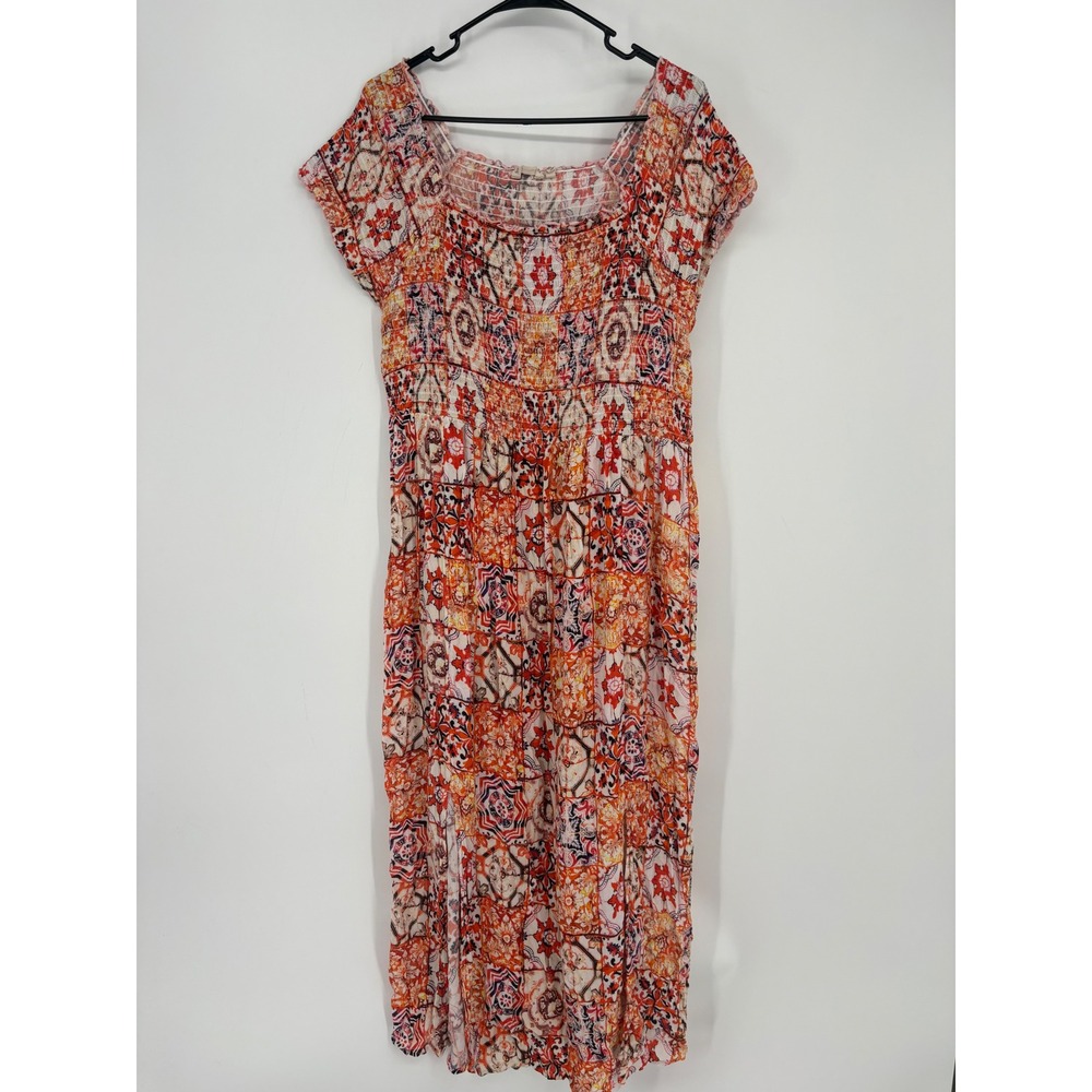 Soft Surroundings Dress Womens L Orange Patchwork Smocked Maxi Boho Slit
